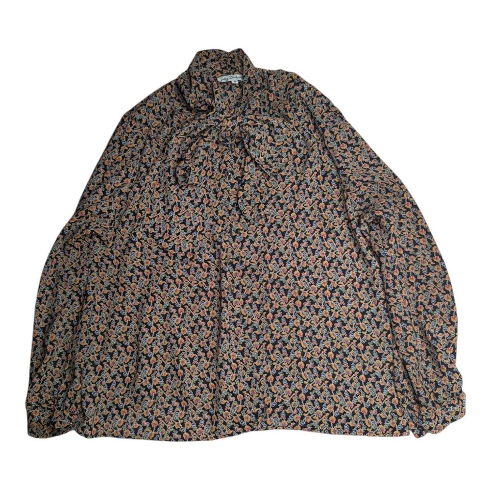 Lady Barbara Women's Black and Yellow Floral Print Button Up Bow Neck Blouse